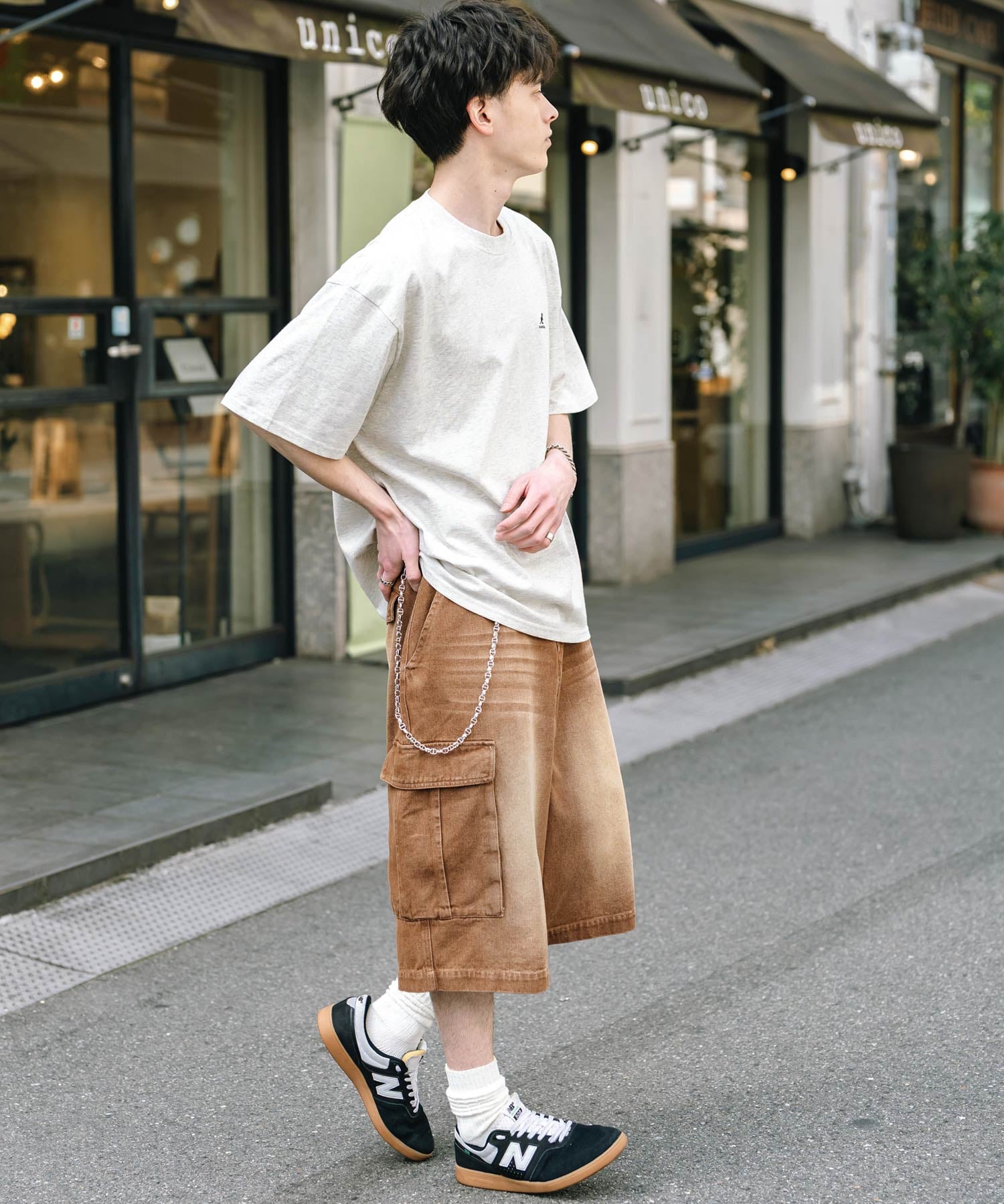 ケミカルウォッシュ オーバーダイ ワイドデニムカーゴハーフパンツ 15733