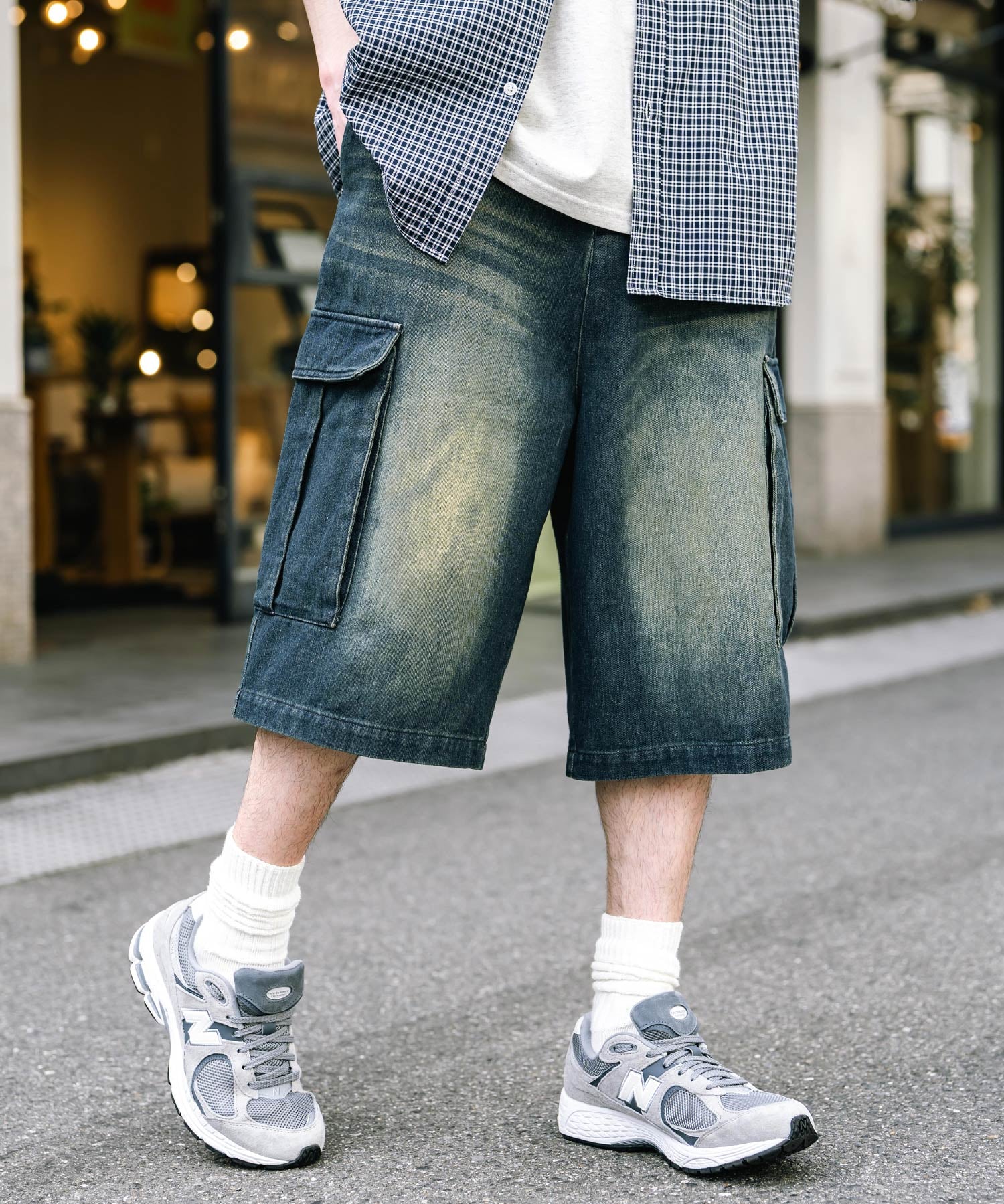 ケミカルウォッシュ オーバーダイ ワイドデニムカーゴハーフパンツ 15733