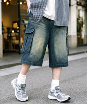 ケミカルウォッシュ オーバーダイ ワイドデニムカーゴハーフパンツ 15733