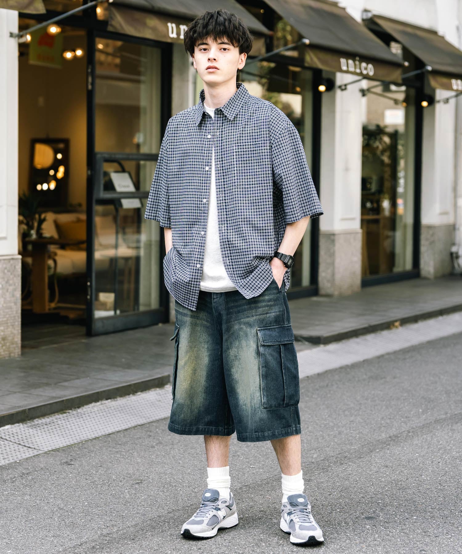 ケミカルウォッシュ オーバーダイ ワイドデニムカーゴハーフパンツ 15733