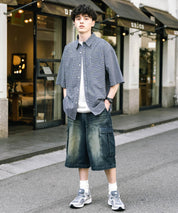 ケミカルウォッシュ オーバーダイ ワイドデニムカーゴハーフパンツ 15733