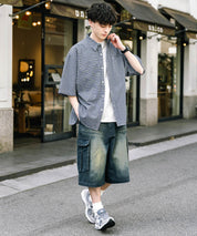 ケミカルウォッシュ オーバーダイ ワイドデニムカーゴハーフパンツ 15733