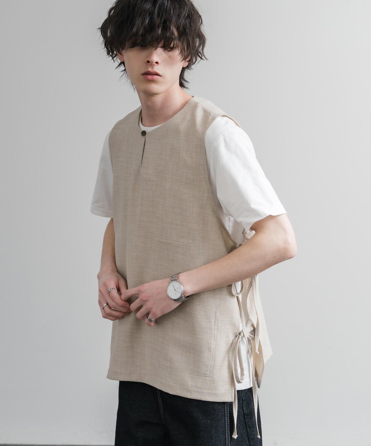 国産Reflax TECH リネンライクキャンバス キーネックプルオーバーエプロンベスト AUD7394 15861