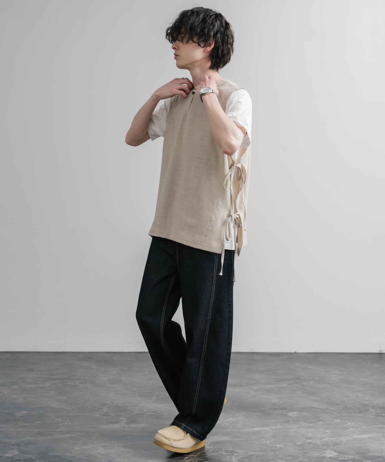 Upscape Audience 日本製/国産Reflax TECH リネンライクキャンバス キーネックプルオーバーエプロンベスト AUD7394 15861
