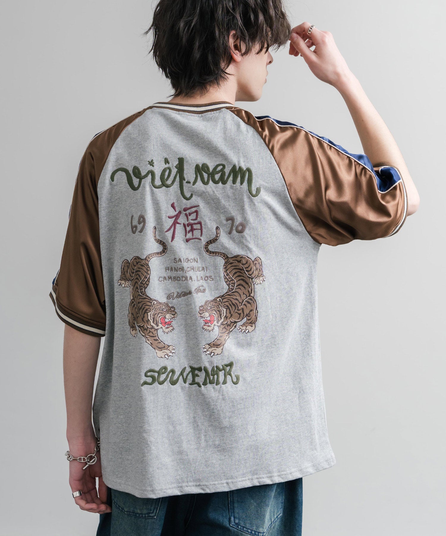 KRIFF MAYER クリフメイヤー スーベニア虎刺繍スカジャンTシャツ/リブラインラグランカットソー 2547201 15866