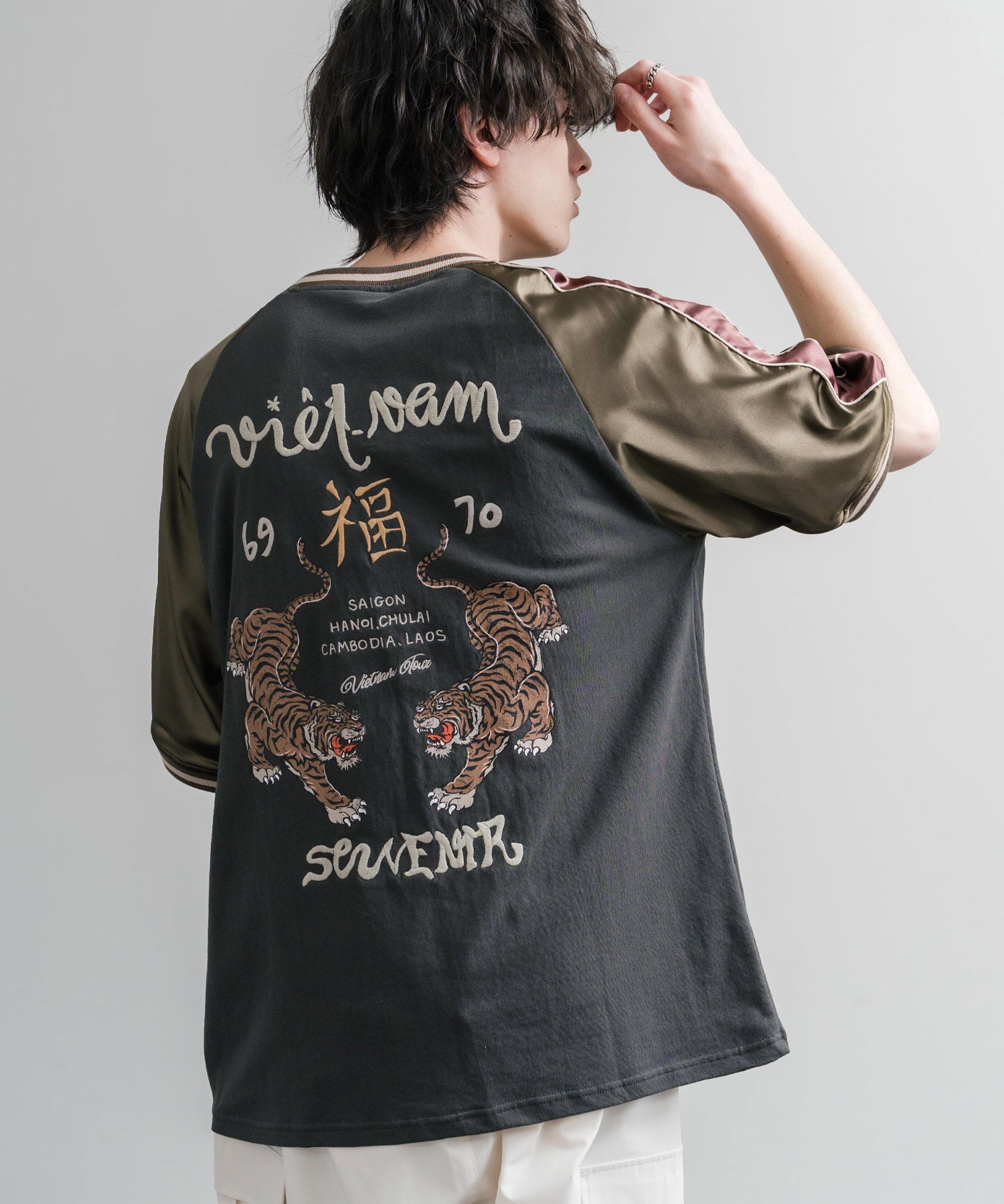 KRIFF MAYER クリフメイヤー スーベニア虎刺繍スカジャンTシャツ/リブラインラグランカットソー 2547201 15866