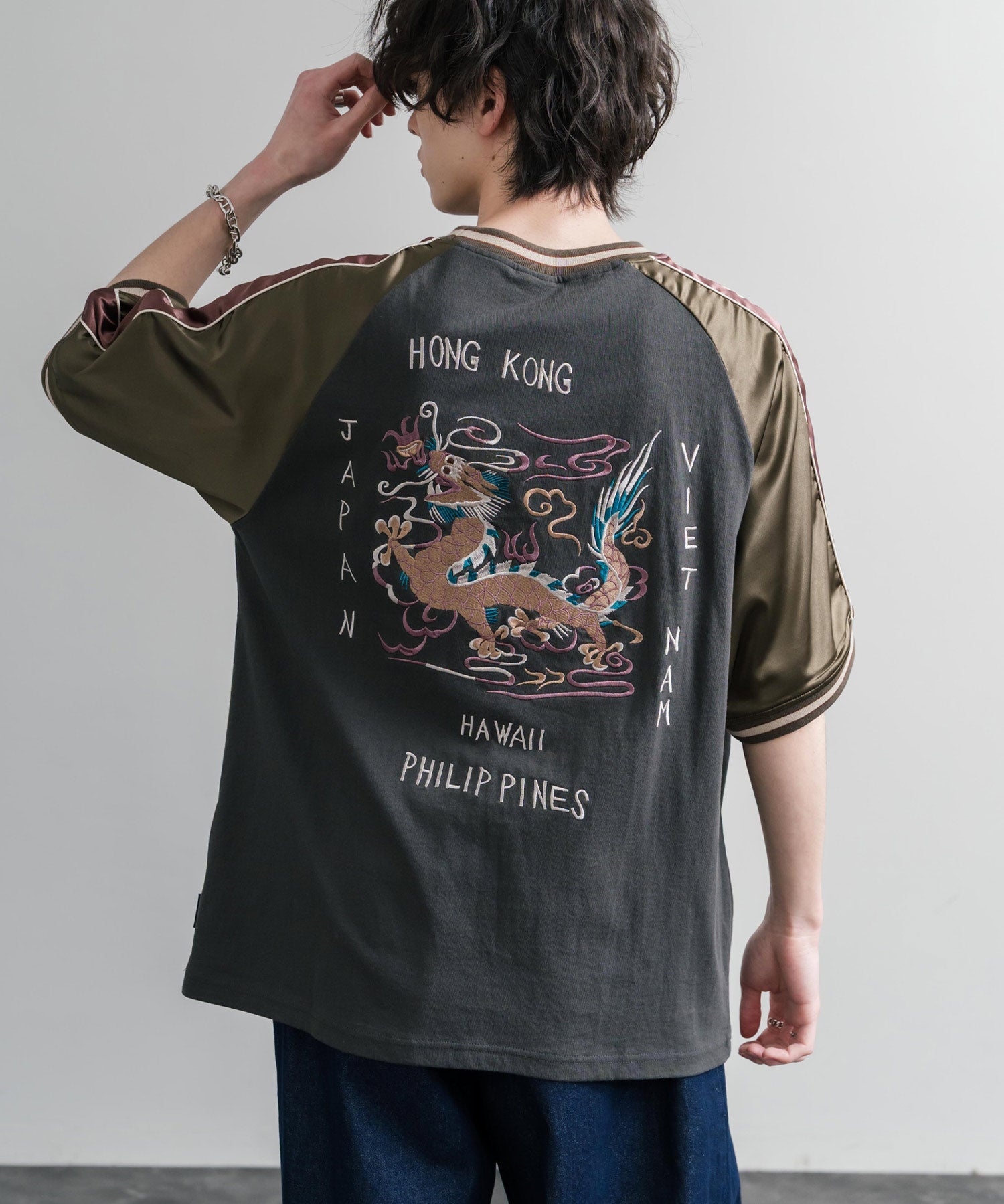 KRIFF MAYER クリフメイヤー スーベニア龍刺繍スカジャンTシャツ/リブラインラグランカットソー 2547202 15867