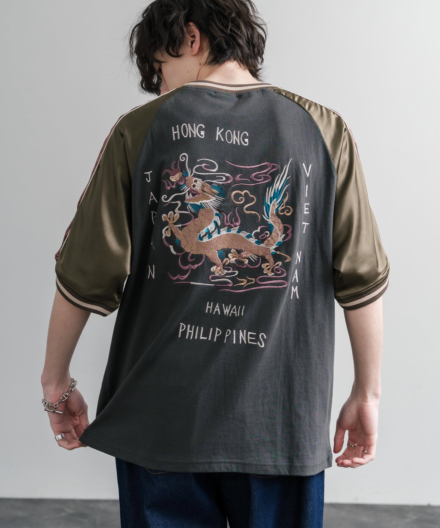 KRIFF MAYER クリフメイヤー スーベニア龍刺繍スカジャンTシャツ/リブラインラグランカットソー 2547202 15867