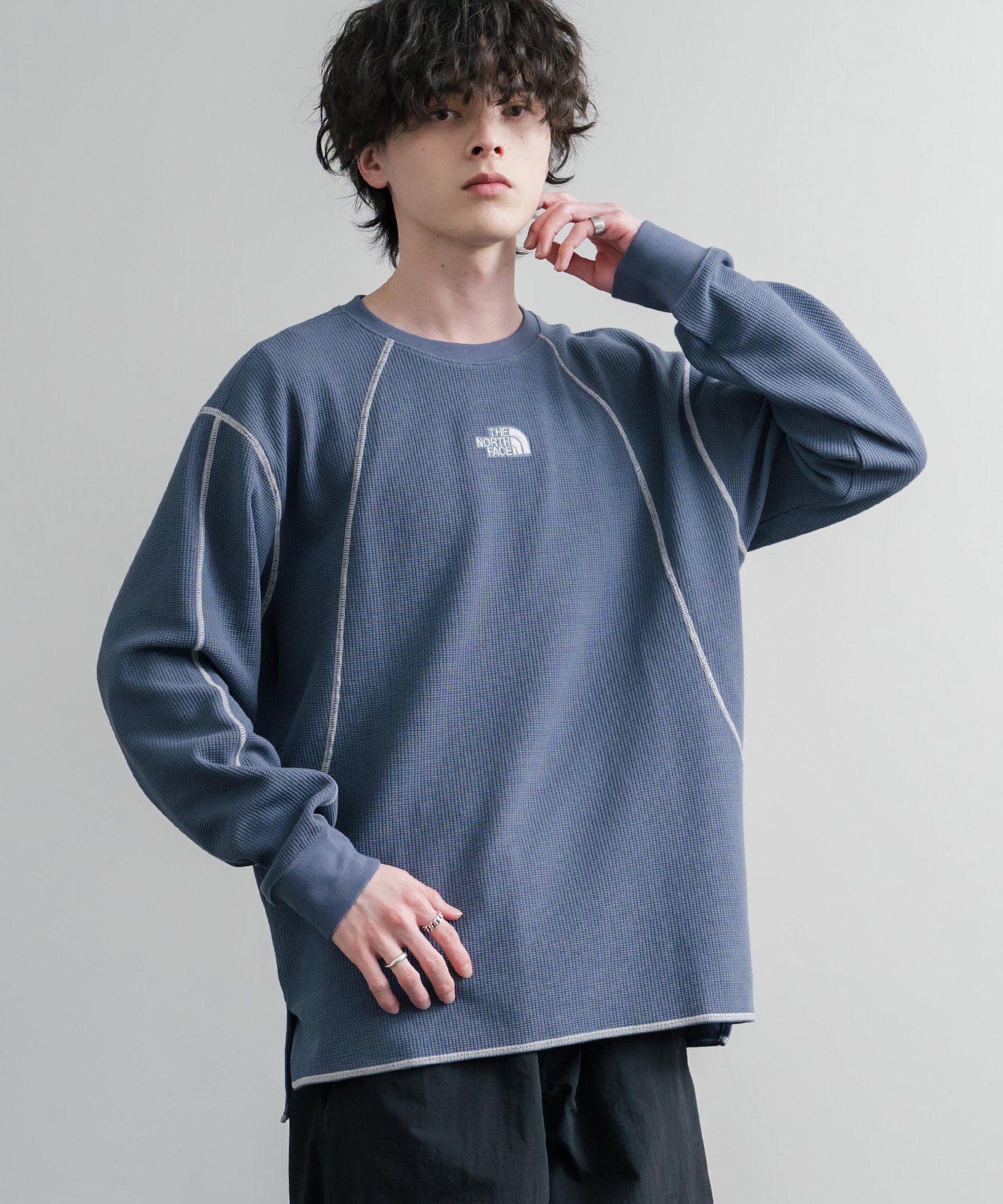 TEE ワンポイントロゴ刺繍ワッフル長袖Tシャツ 15889