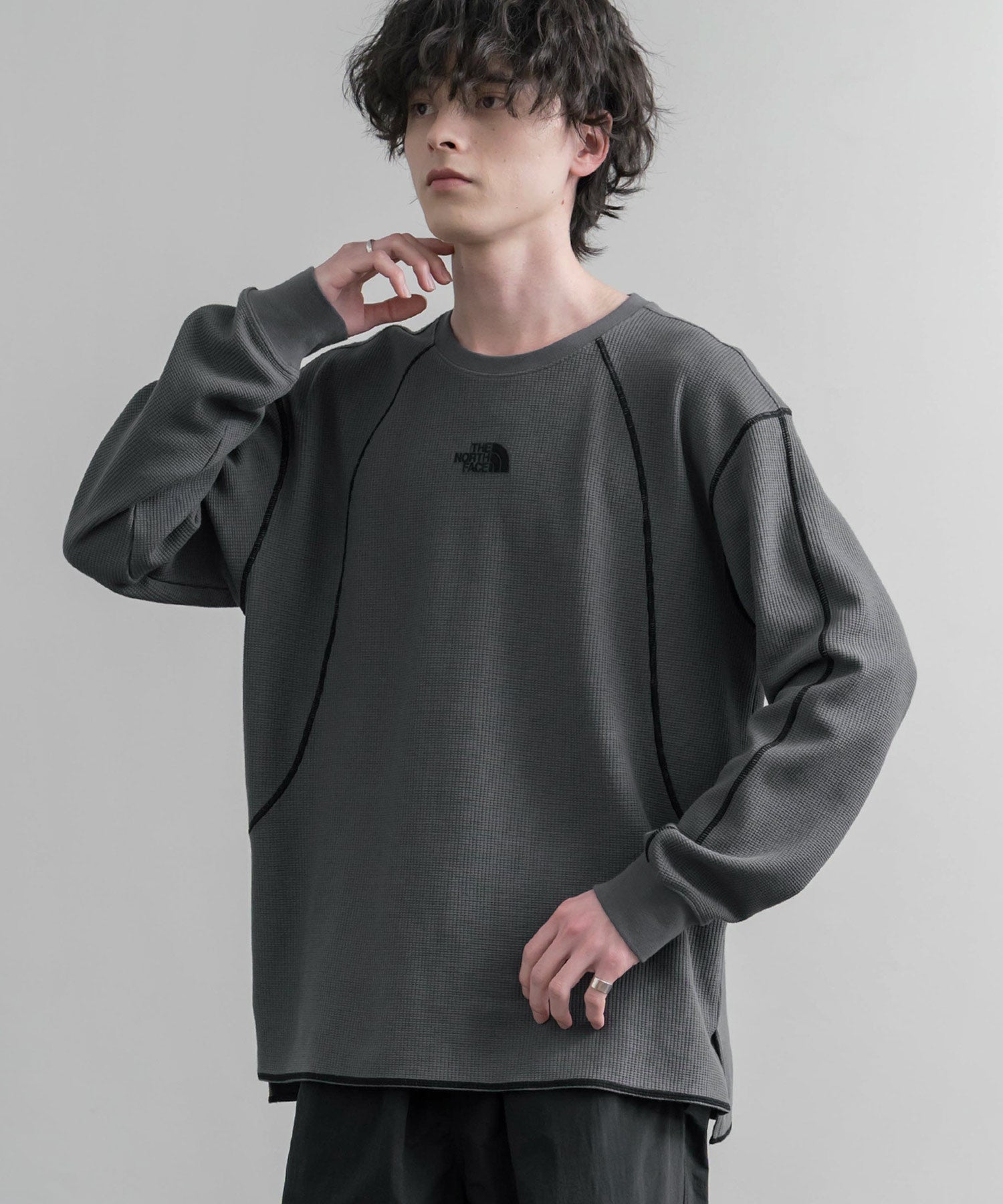 TEE ワンポイントロゴ刺繍ワッフル長袖Tシャツ 15889