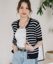 U.S. POLO ASSN. ユーエスポロアッスン W's ワンポイントロゴ刺繍ケーブル半袖カーディガン 無地/ボーダー 15899