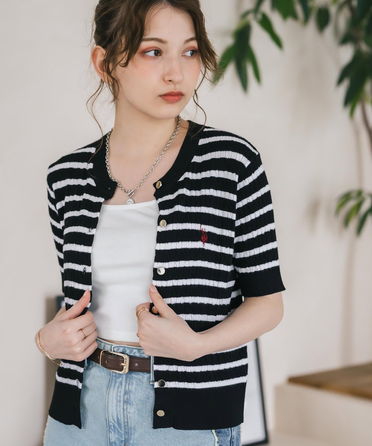 U.S. POLO ASSN. ユーエスポロアッスン W's ワンポイントロゴ刺繍ケーブル半袖カーディガン 無地/ボーダー 15899