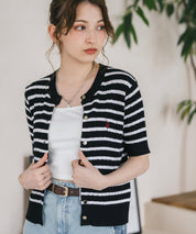 U.S. POLO ASSN. ユーエスポロアッスン W's ワンポイントロゴ刺繍ケーブル半袖カーディガン 無地/ボーダー 15899