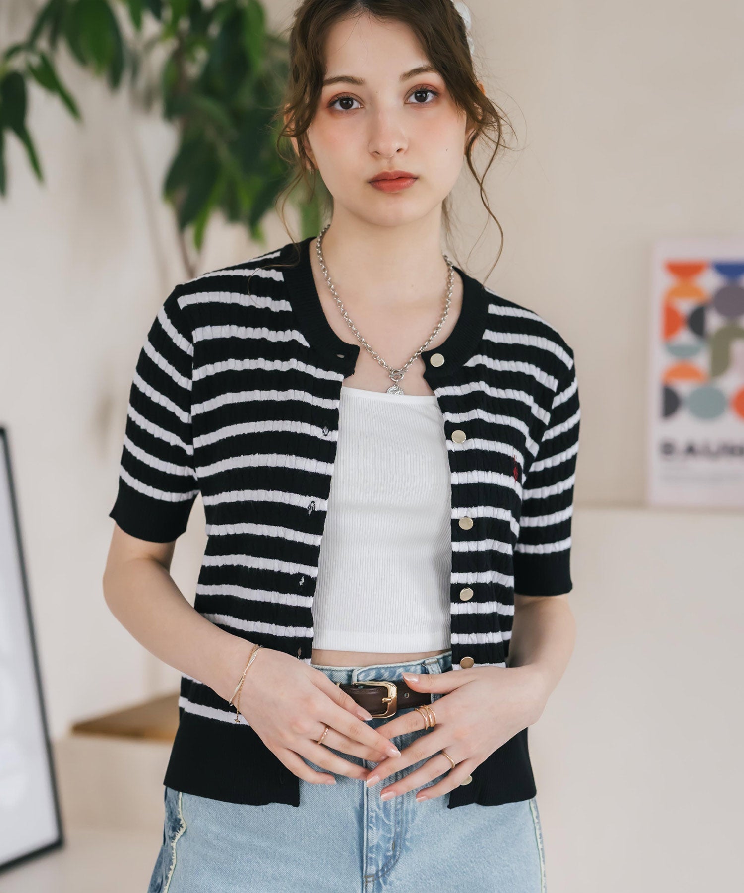 U.S. POLO ASSN. ユーエスポロアッスン W's ワンポイントロゴ刺繍ケーブル半袖カーディガン 無地/ボーダー 15899
