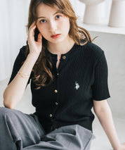 U.S. POLO ASSN. ユーエスポロアッスン W's ワンポイントロゴ刺繍ケーブル半袖カーディガン 無地/ボーダー 15899