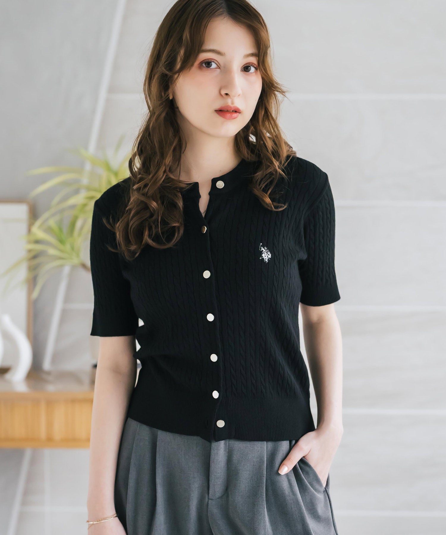 U.S. POLO ASSN. ユーエスポロアッスン W's ワンポイントロゴ刺繍ケーブル半袖カーディガン 無地/ボーダー 15899