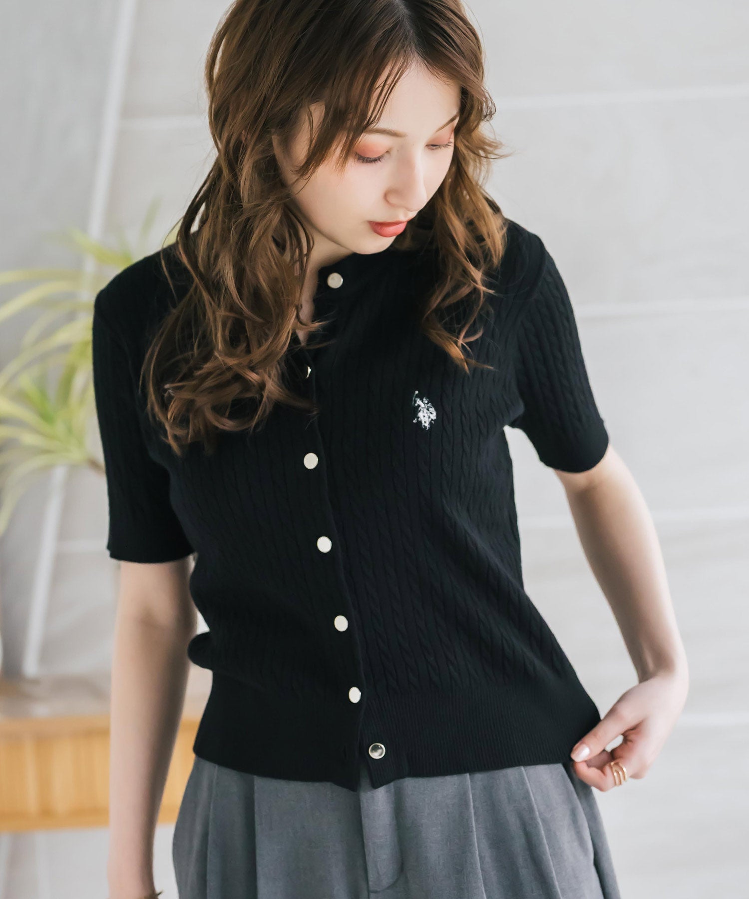 U.S. POLO ASSN. ユーエスポロアッスン W's ワンポイントロゴ刺繍ケーブル半袖カーディガン 無地/ボーダー 15899