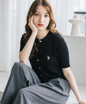 U.S. POLO ASSN. ユーエスポロアッスン W's ワンポイントロゴ刺繍ケーブル半袖カーディガン 無地/ボーダー 15899