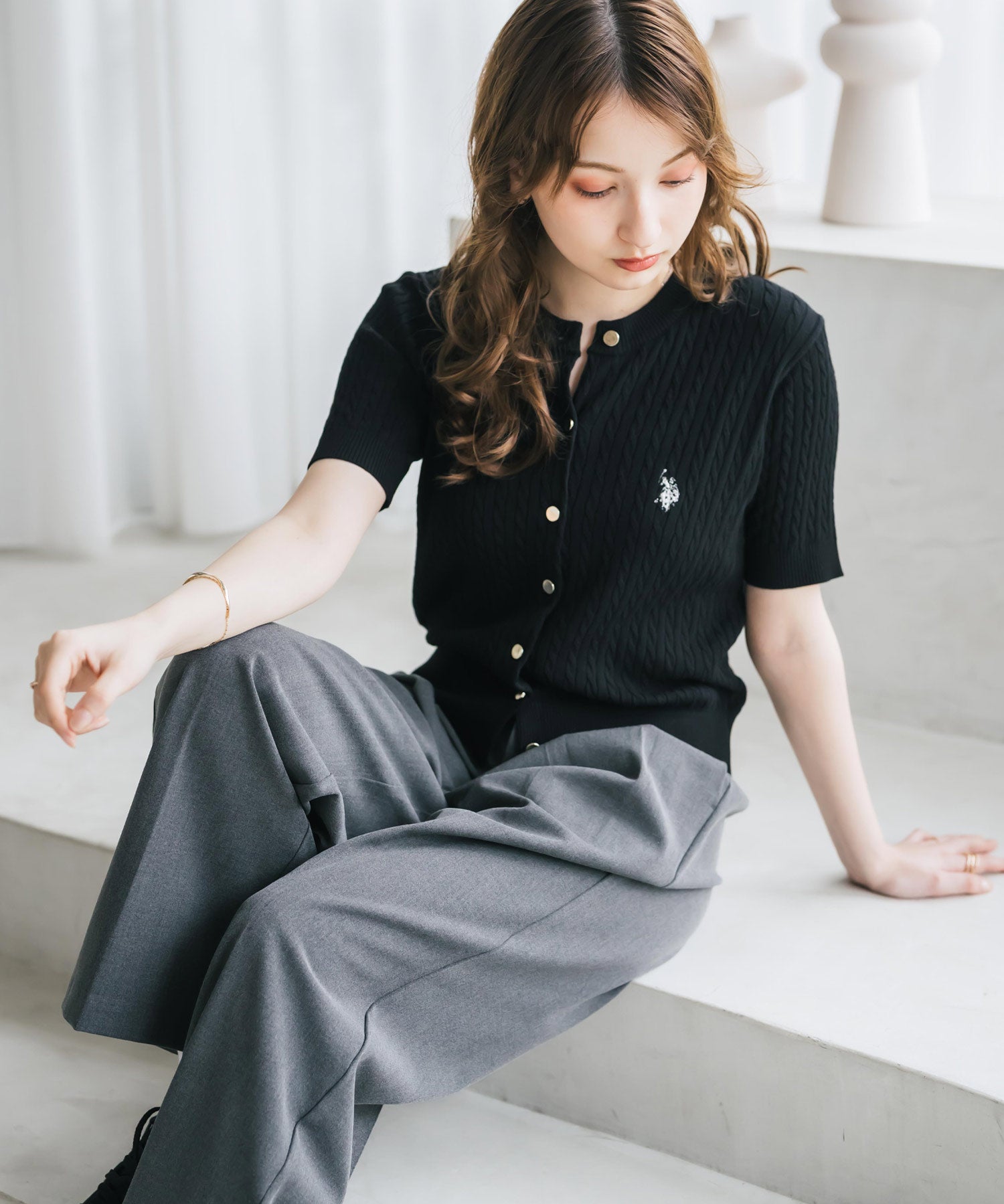 U.S. POLO ASSN. ユーエスポロアッスン W's ワンポイントロゴ刺繍ケーブル半袖カーディガン 無地/ボーダー 15899