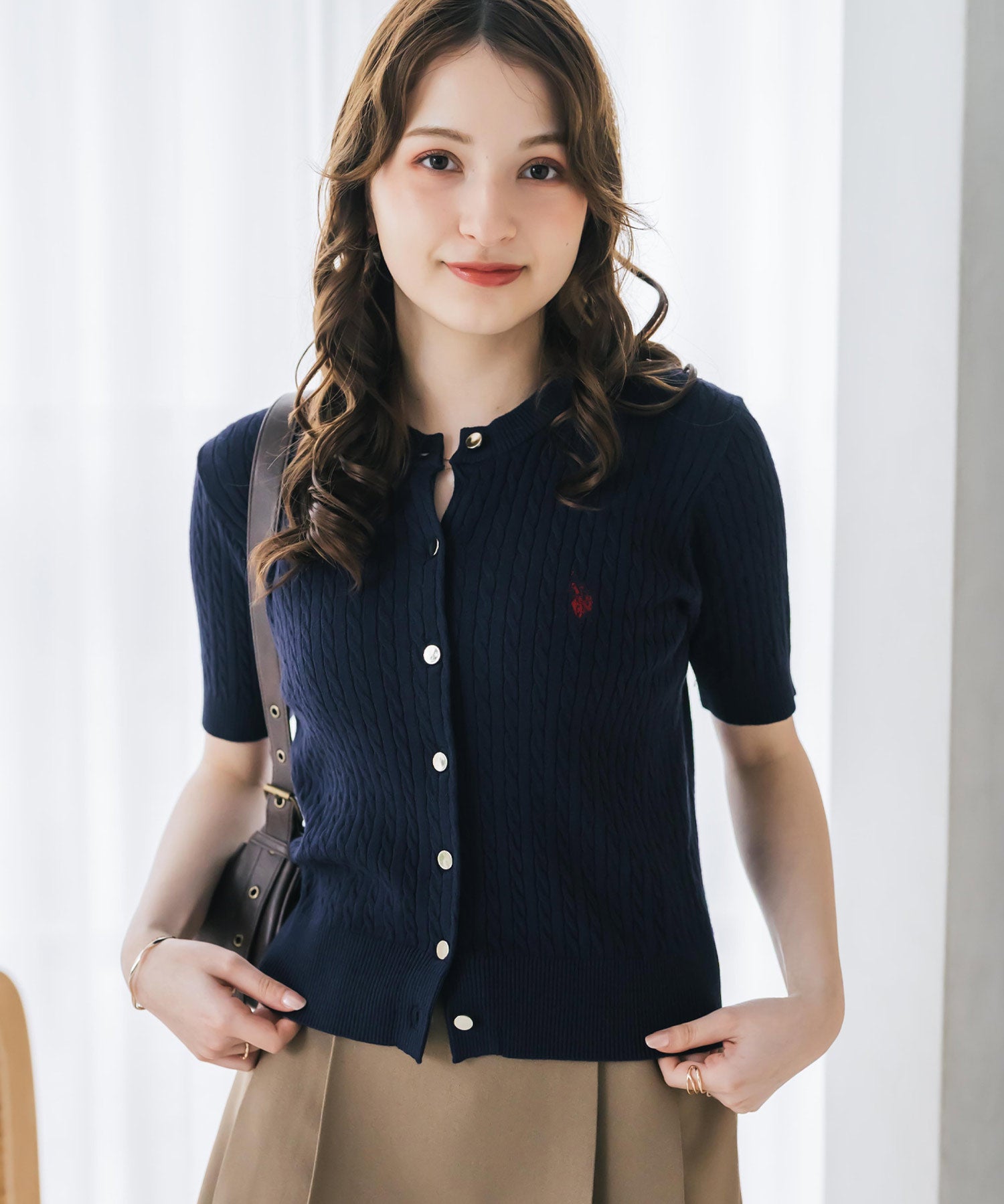 U.S. POLO ASSN. ユーエスポロアッスン W's ワンポイントロゴ刺繍ケーブル半袖カーディガン 無地/ボーダー 15899