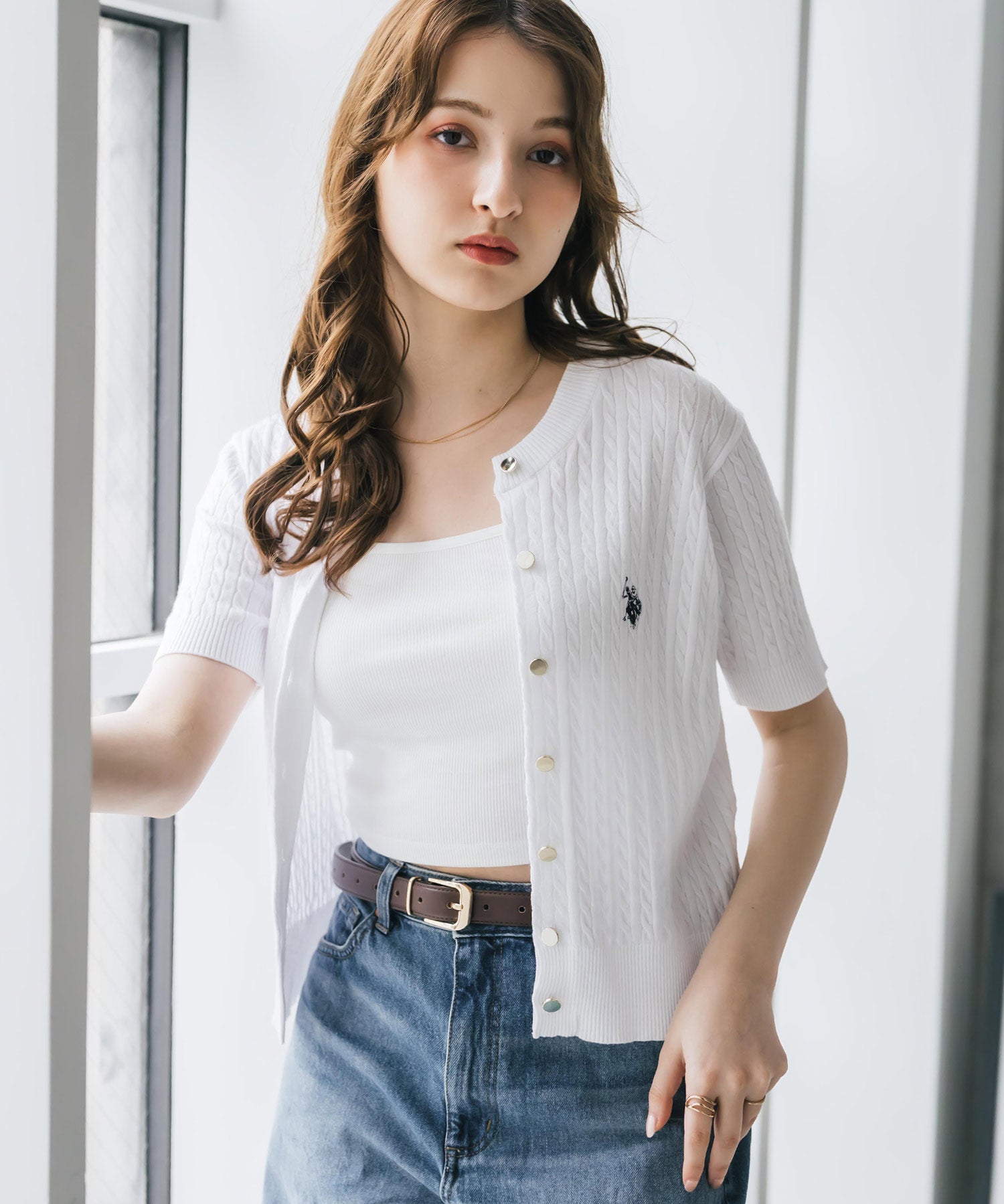 U.S. POLO ASSN. ユーエスポロアッスン W's ワンポイントロゴ刺繍ケーブル半袖カーディガン 無地/ボーダー 15899