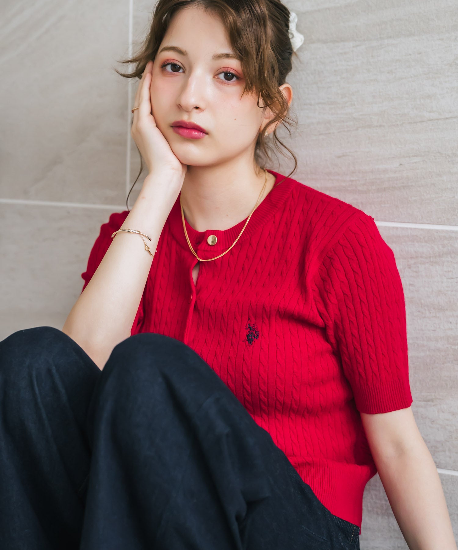 U.S. POLO ASSN. ユーエスポロアッスン W's ワンポイントロゴ刺繍ケーブル半袖カーディガン 無地/ボーダー 15899