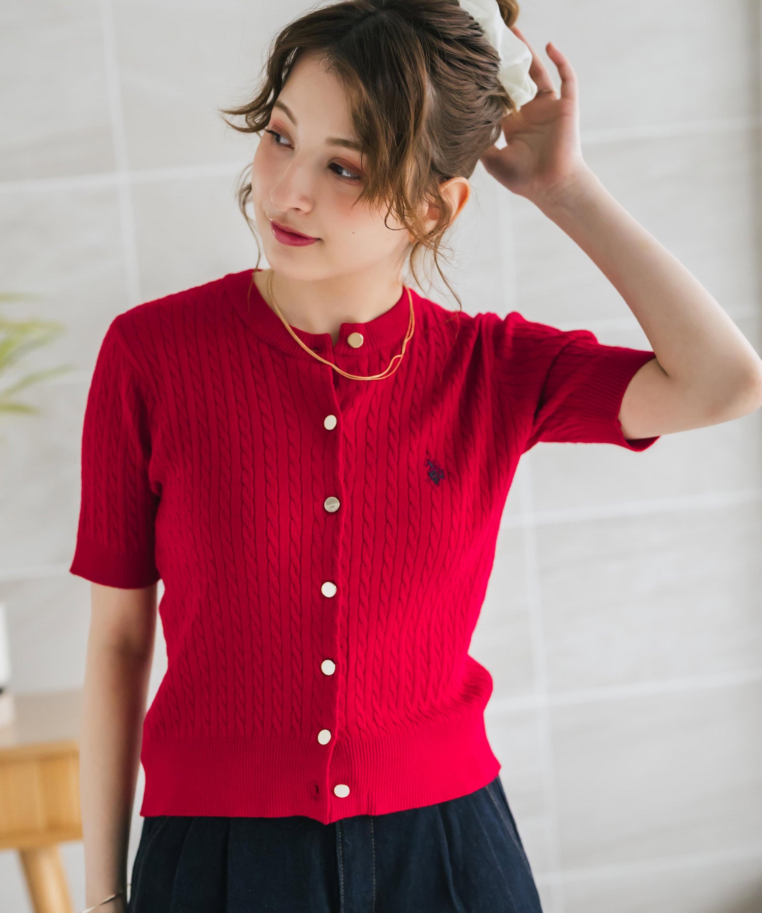 U.S. POLO ASSN. ユーエスポロアッスン W's ワンポイントロゴ刺繍ケーブル半袖カーディガン 無地/ボーダー 15899