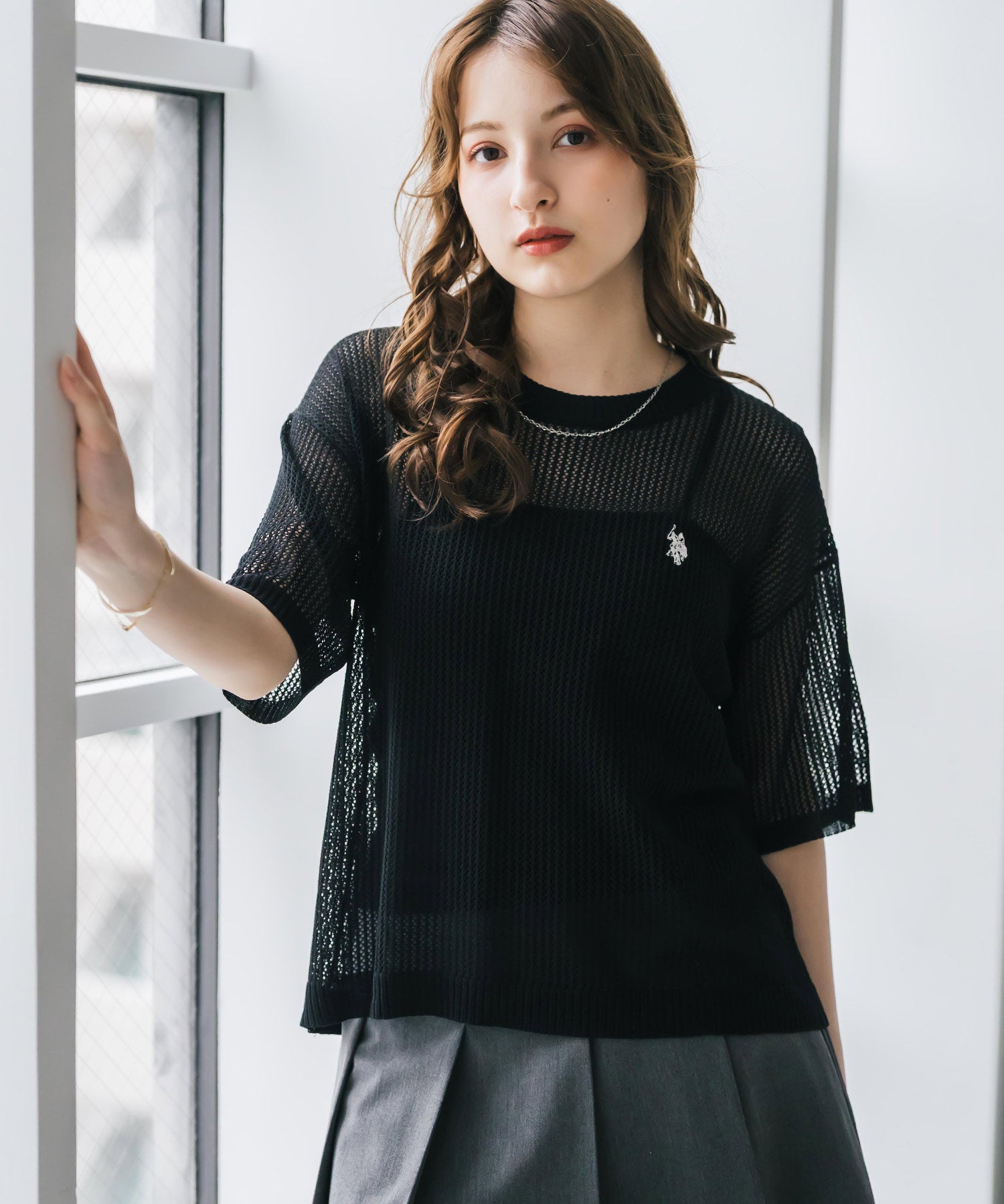U.S. POLO ASSN. ユーエスポロアッスン W's ワンポイントロゴ刺繍透かし編み半端袖プルオーバーニット 15900