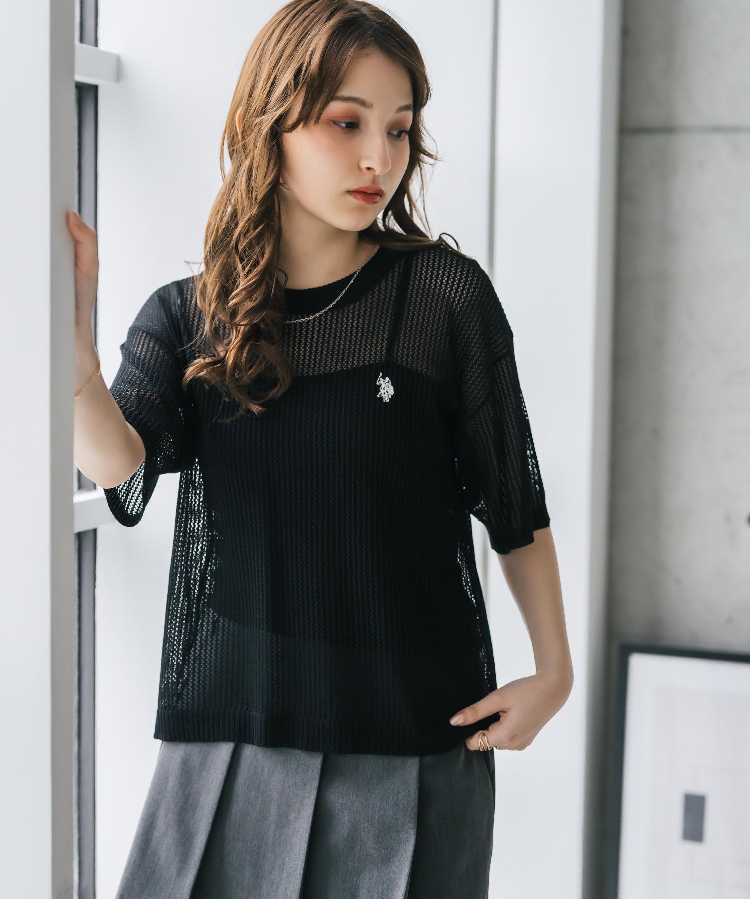 U.S. POLO ASSN. ユーエスポロアッスン W's ワンポイントロゴ刺繍透かし編み半端袖プルオーバーニット 15900