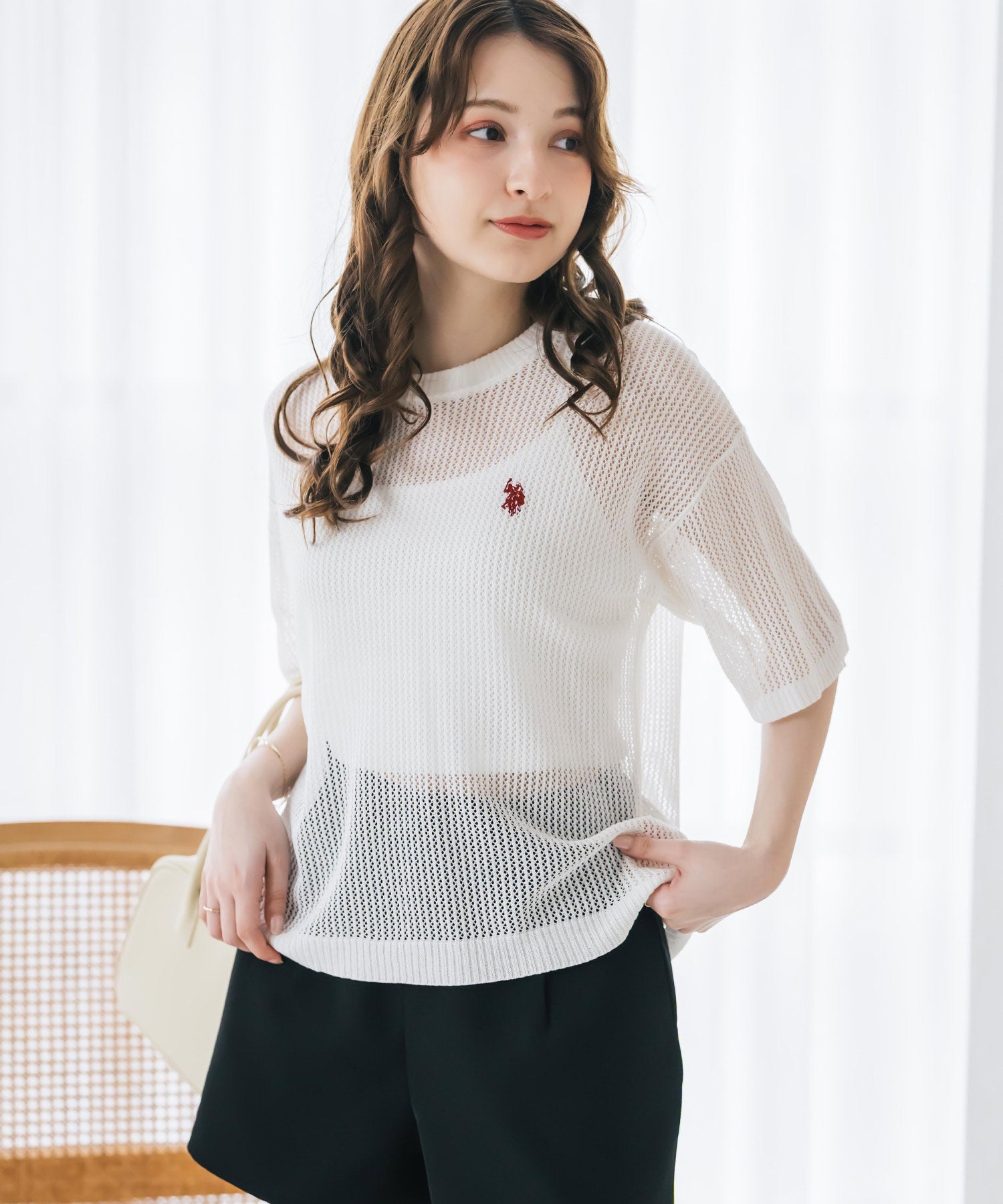 U.S. POLO ASSN. ユーエスポロアッスン W's ワンポイントロゴ刺繍透かし編み半端袖プルオーバーニット 15900