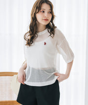 U.S. POLO ASSN. ユーエスポロアッスン W's ワンポイントロゴ刺繍透かし編み半端袖プルオーバーニット 15900