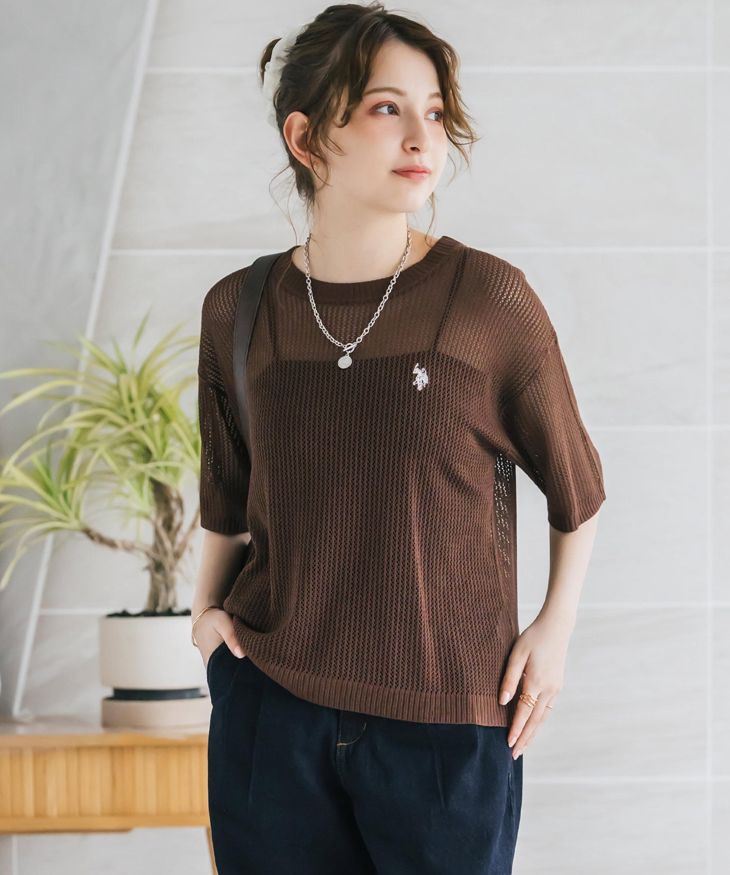 U.S. POLO ASSN. ユーエスポロアッスン W's ワンポイントロゴ刺繍透かし編み半端袖プルオーバーニット 15900