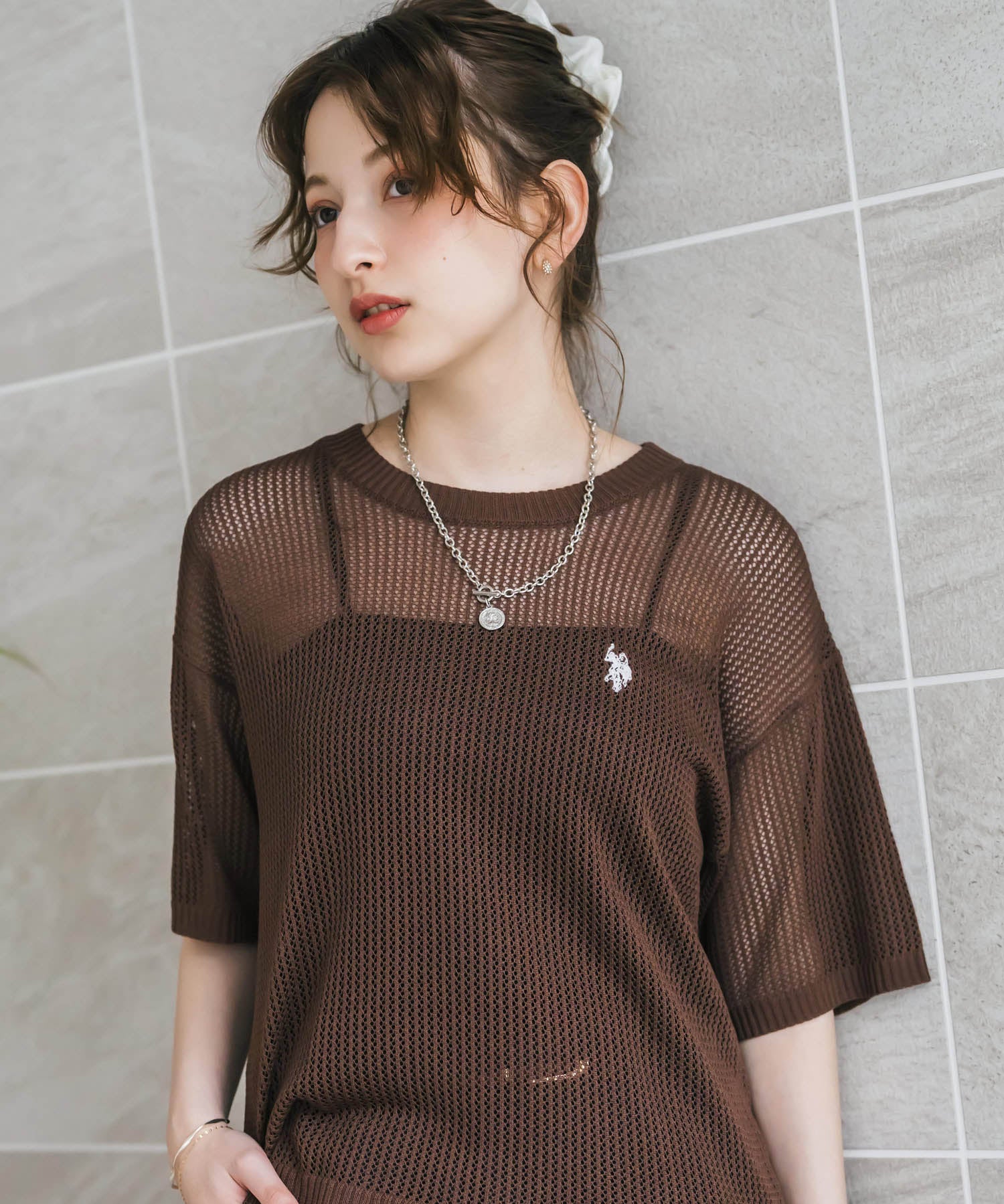 U.S. POLO ASSN. ユーエスポロアッスン W's ワンポイントロゴ刺繍透かし編み半端袖プルオーバーニット 15900