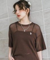 U.S. POLO ASSN. ユーエスポロアッスン W's ワンポイントロゴ刺繍透かし編み半端袖プルオーバーニット 15900