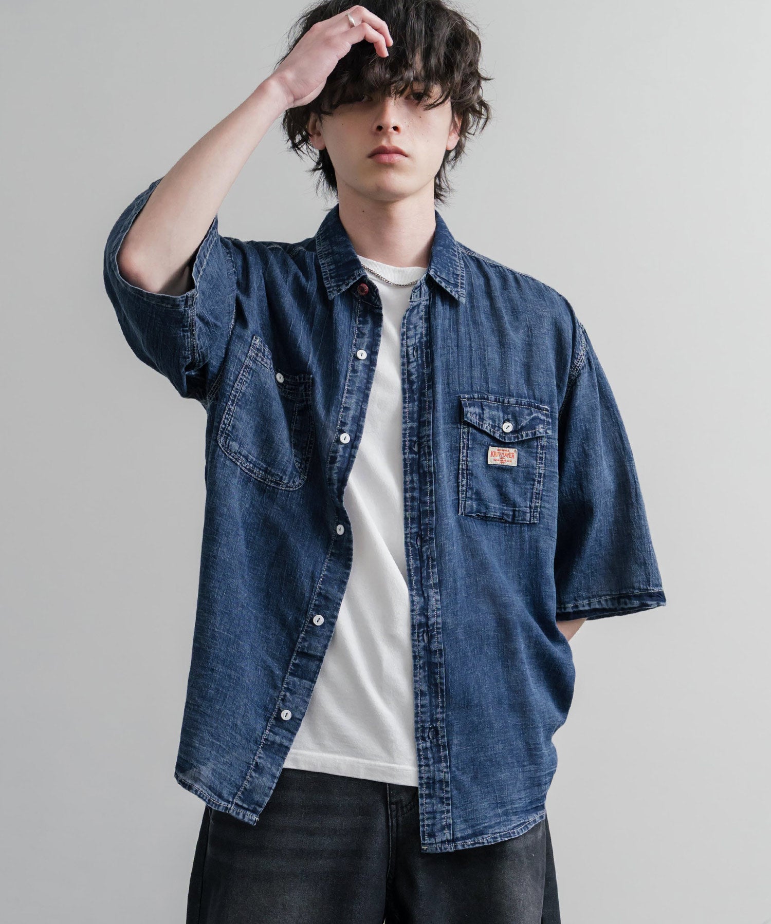 KRIFF MAYER オーバーサイズエアーライト5分袖デニムワークシャツ 2545103 15907