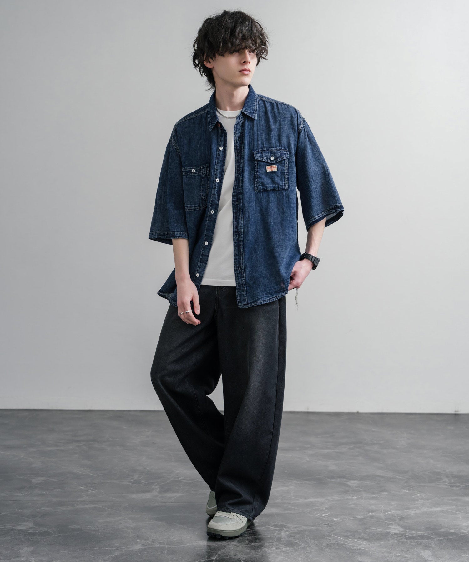 KRIFF MAYER オーバーサイズエアーライト5分袖デニムワークシャツ 2545103 15907