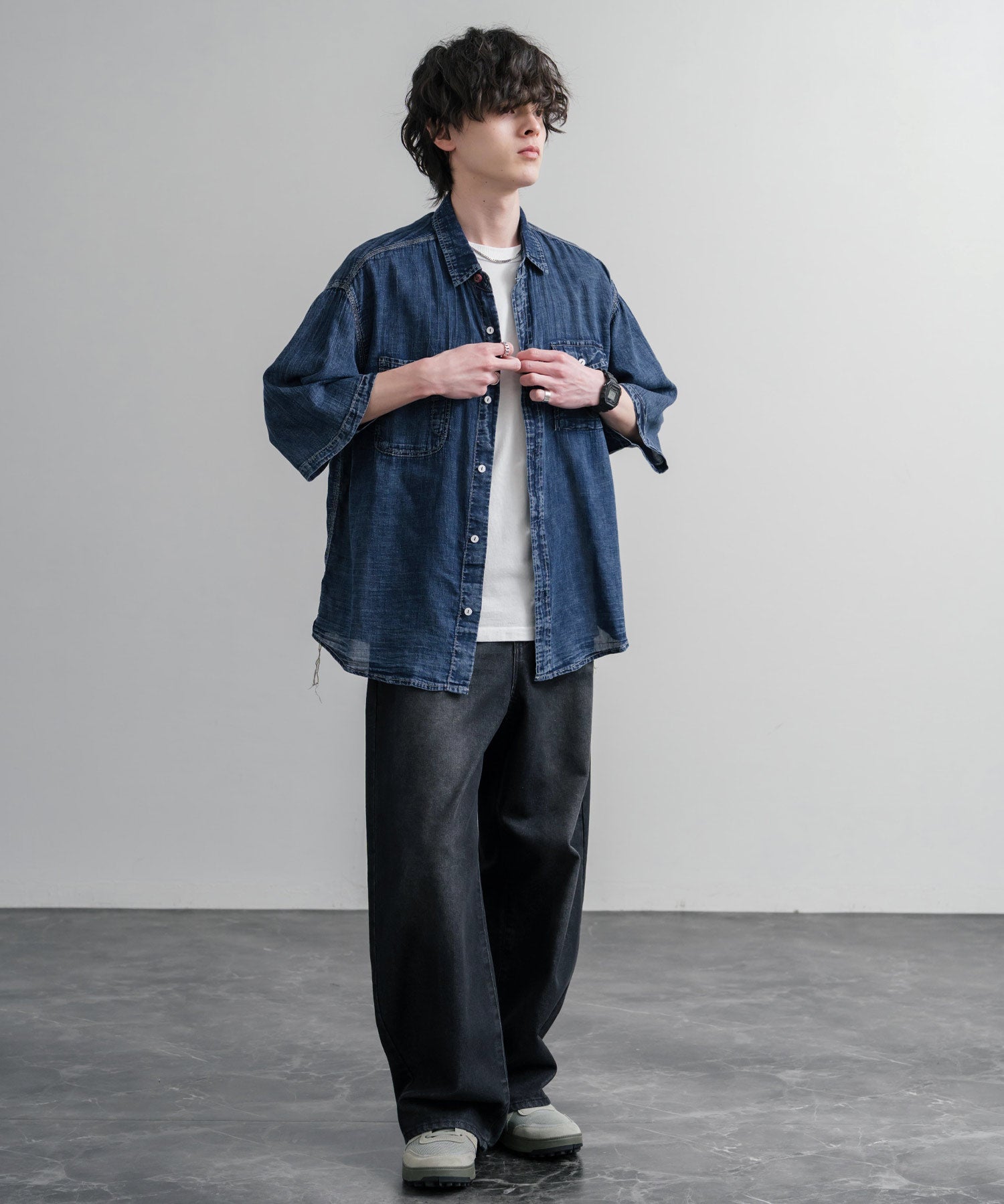 KRIFF MAYER オーバーサイズエアーライト5分袖デニムワークシャツ 2545103 15907