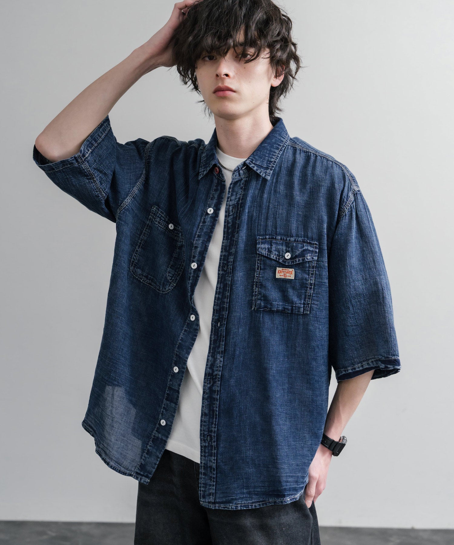 KRIFF MAYER オーバーサイズエアーライト5分袖デニムワークシャツ 2545103 15907