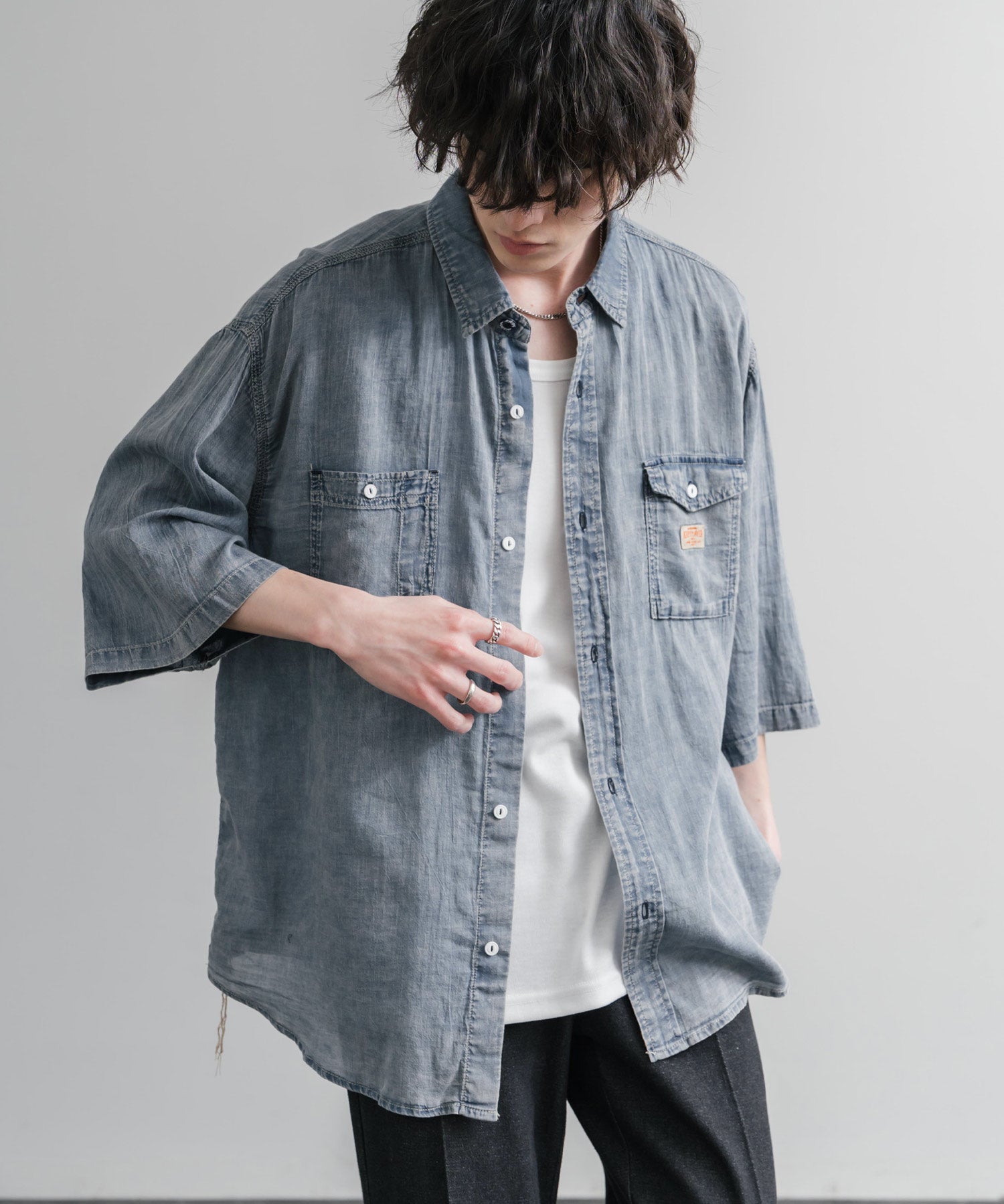KRIFF MAYER オーバーサイズエアーライト5分袖デニムワークシャツ 2545103 15907