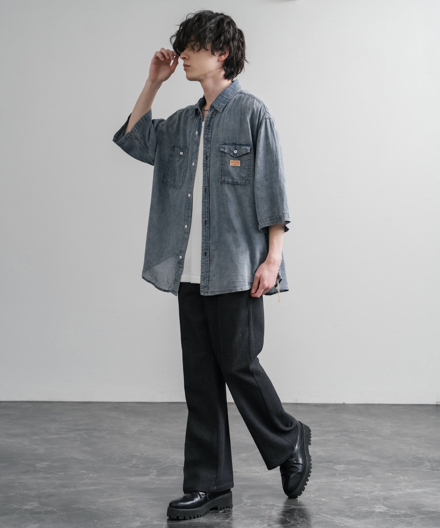 KRIFF MAYER オーバーサイズエアーライト5分袖デニムワークシャツ 2545103 15907