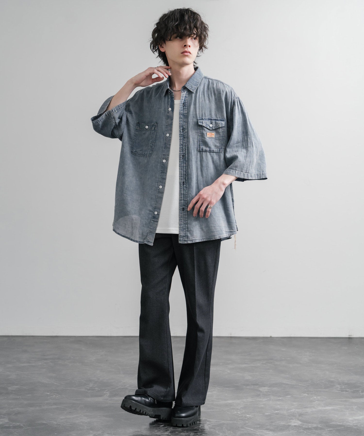 KRIFF MAYER オーバーサイズエアーライト5分袖デニムワークシャツ 2545103 15907