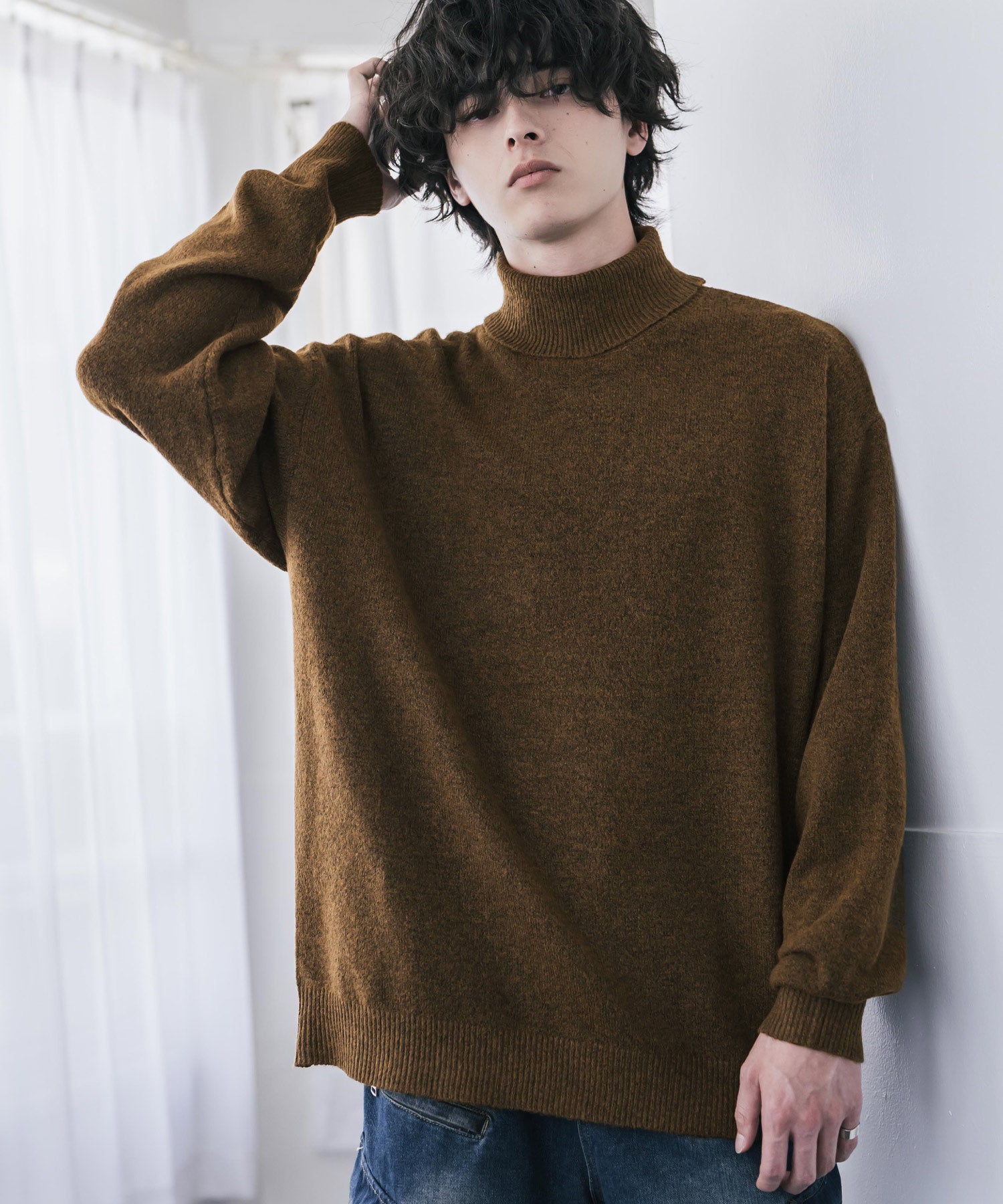オーバーサイズウール混メランジタートルネックプルオーバーニットセーター 15963