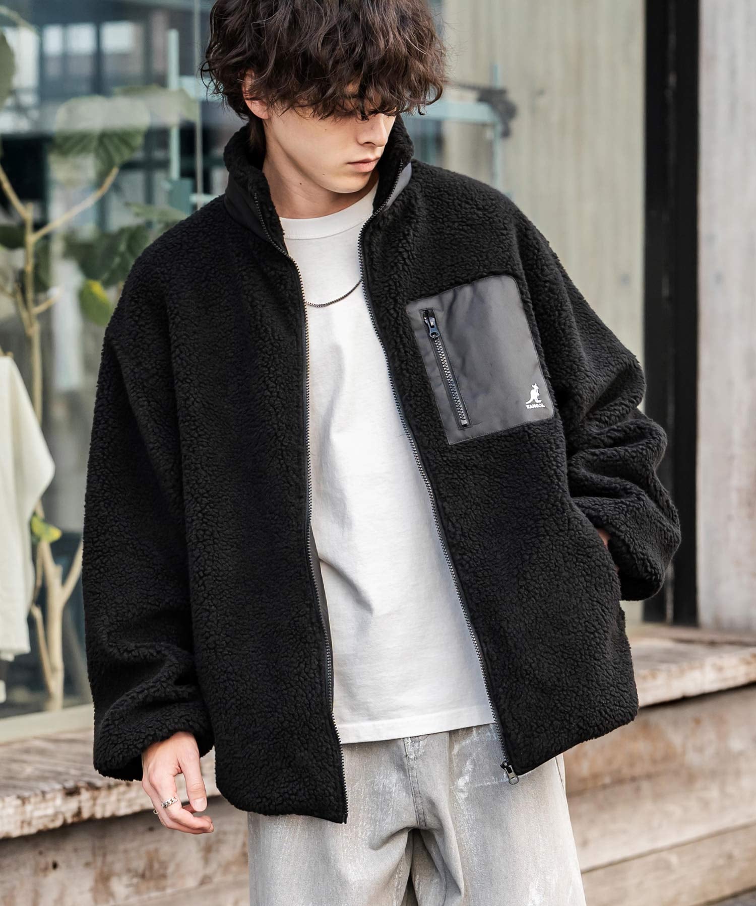 KANGOL カンゴール 別注コラボ オーバーサイズワンポイントロゴ刺繍シープボアフリースジャケット/ブルゾン 15987