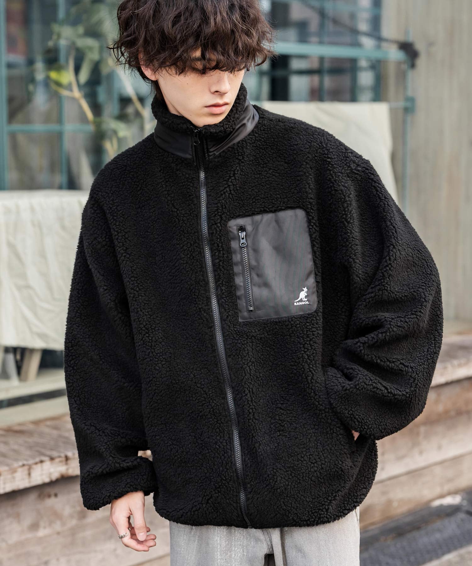 KANGOL カンゴール 別注コラボ オーバーサイズワンポイントロゴ刺繍シープボアフリースジャケット/ブルゾン 15987