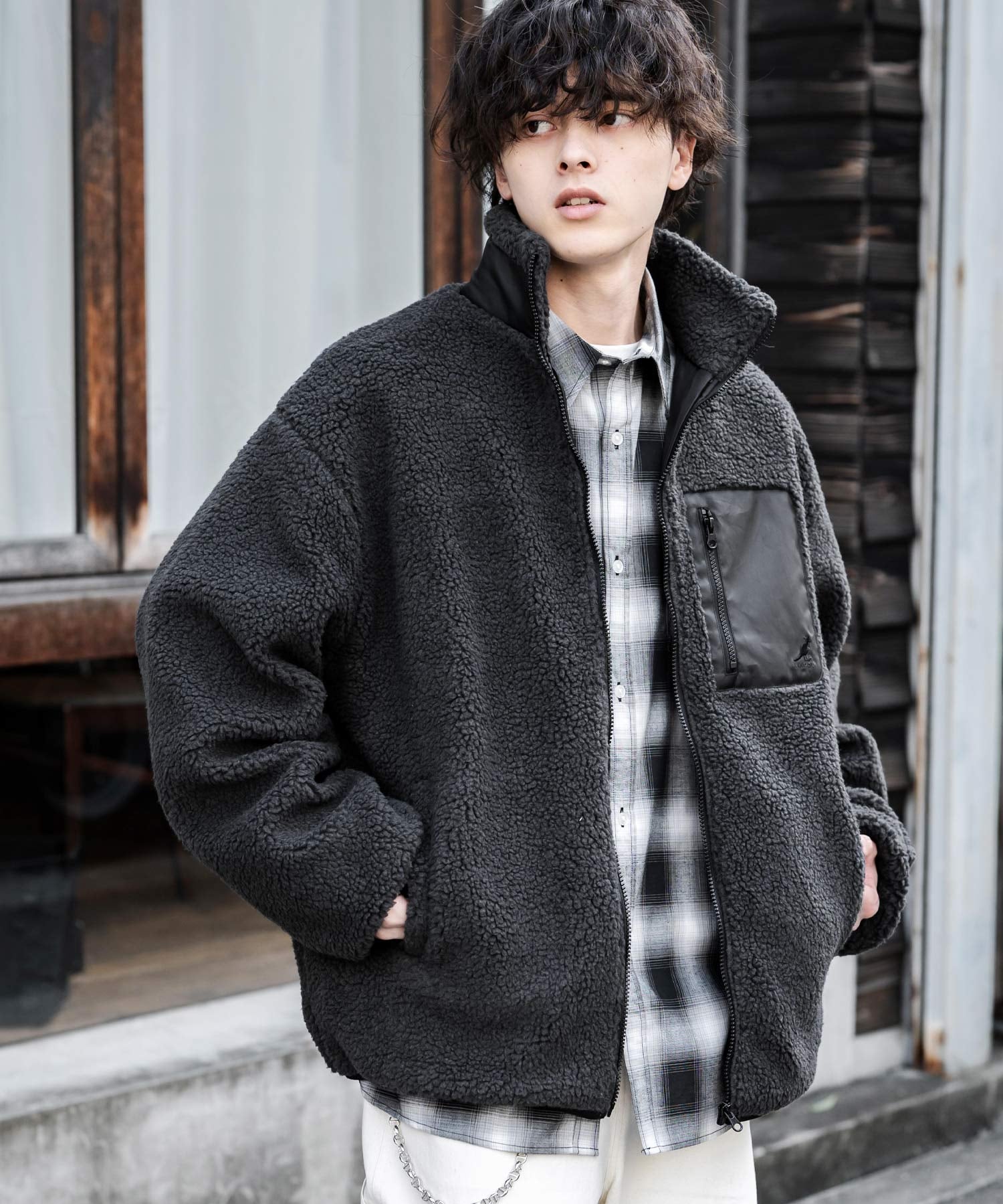 KANGOL カンゴール 別注コラボ オーバーサイズワンポイントロゴ刺繍シープボアフリースジャケット/ブルゾン 15987