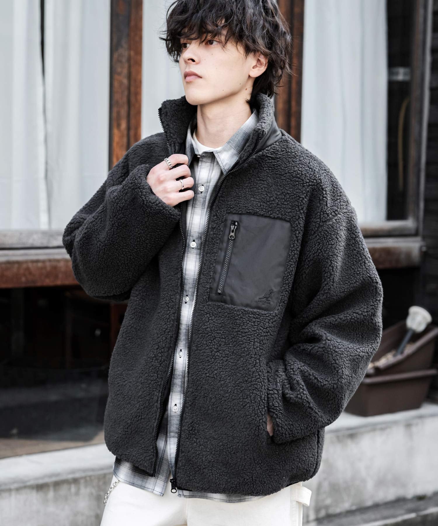 KANGOL カンゴール 別注コラボ オーバーサイズワンポイントロゴ刺繍シープボアフリースジャケット/ブルゾン 15987