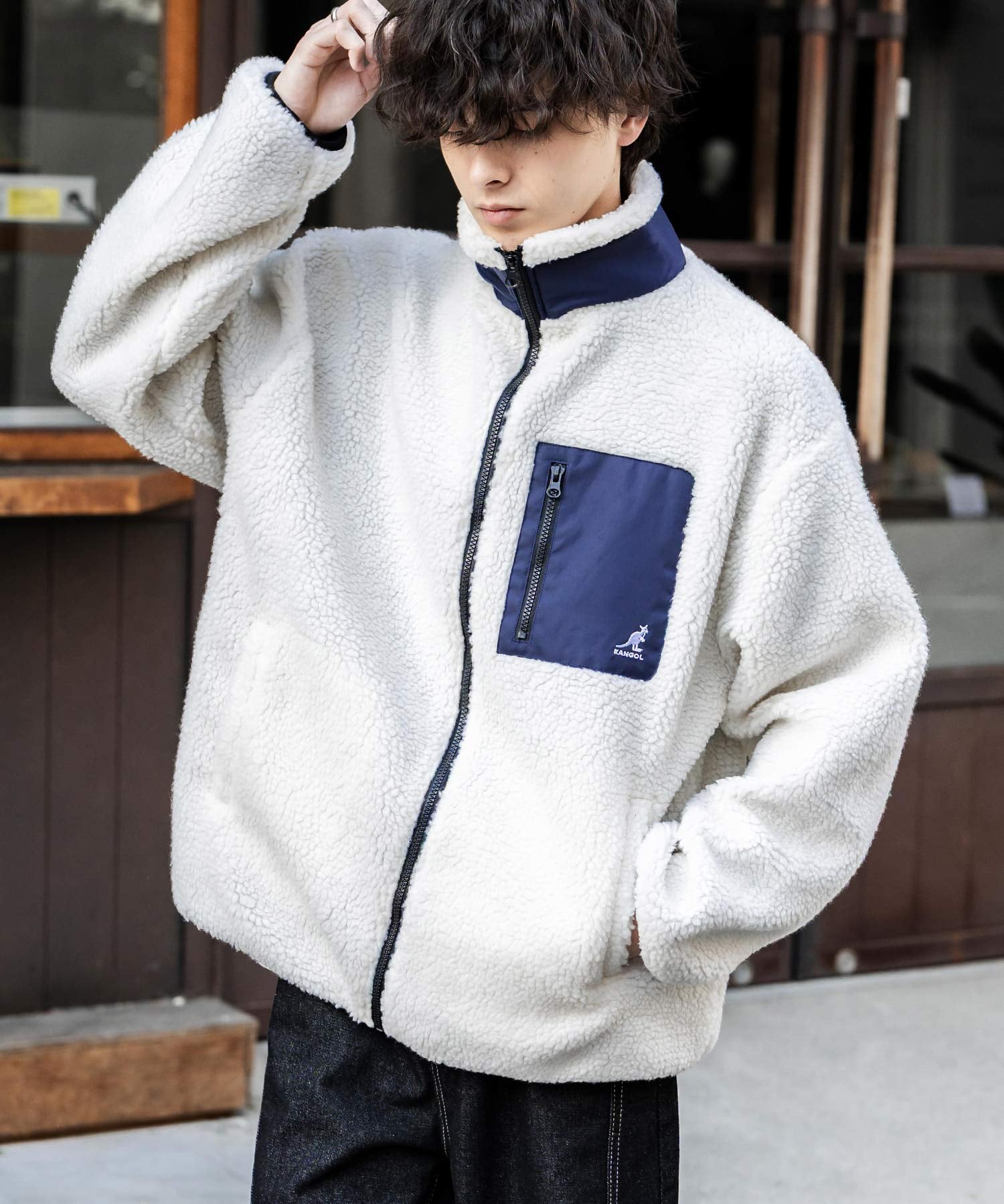 KANGOL カンゴール 別注コラボ オーバーサイズワンポイントロゴ刺繍シープボアフリースジャケット/ブルゾン 15987