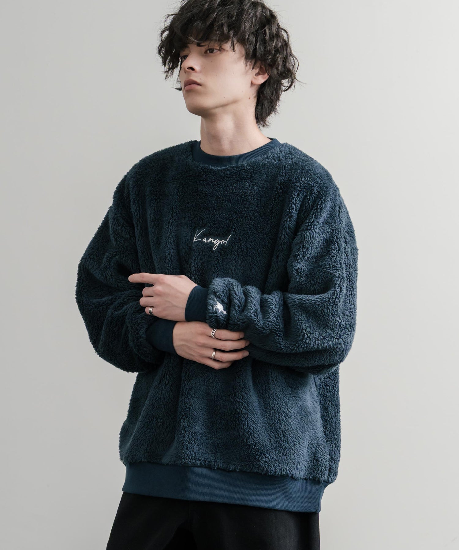 KANGOL カンゴール 別注コラボ ロゴ刺繍シャギーボアフリースクルーネックトレーナー 15988　