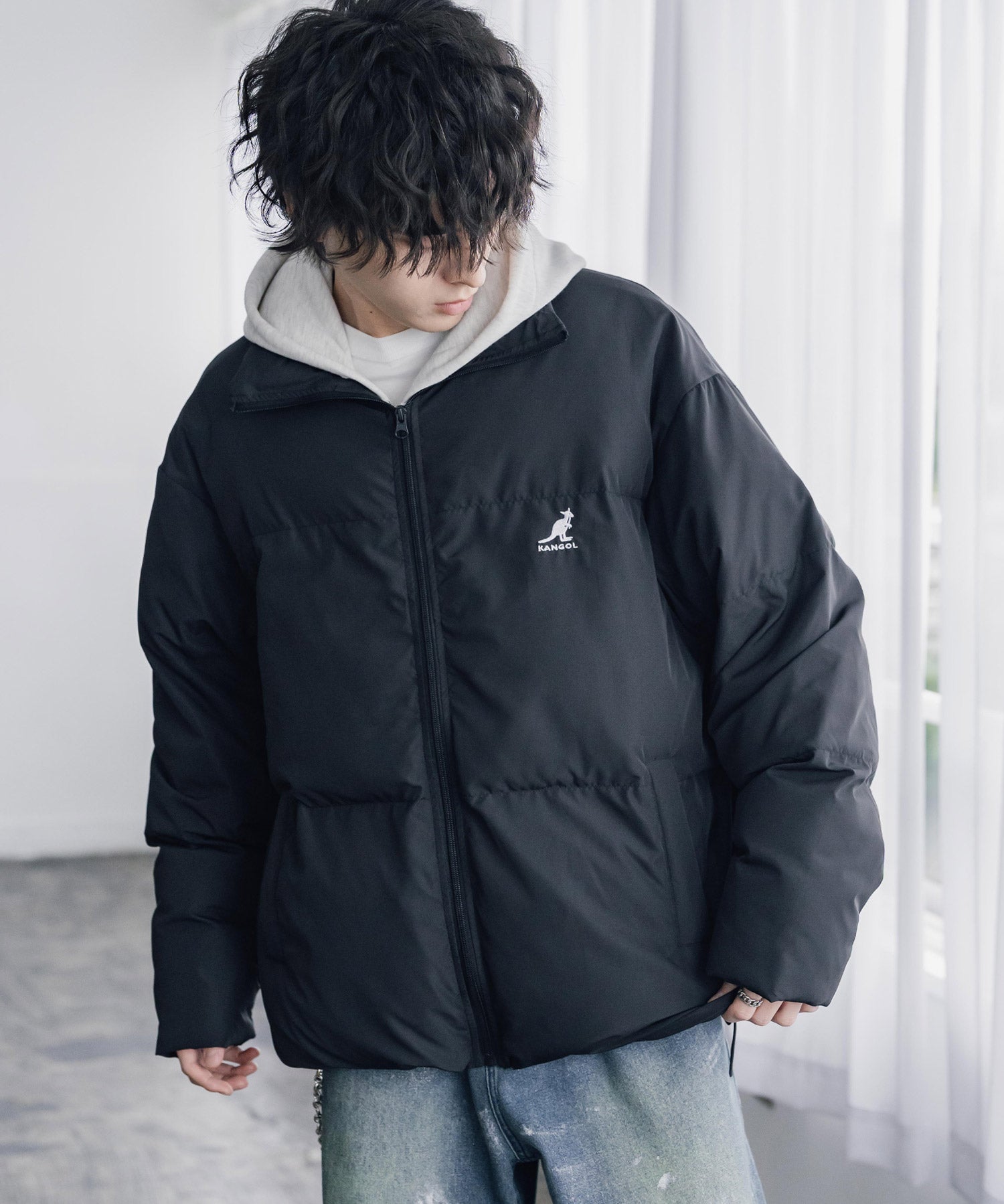 KANGOL カンゴール 別注コラボ オーバーサイズワンポイントロゴ刺繍スタンドネックファイバーダウン中綿ジャケット 15989