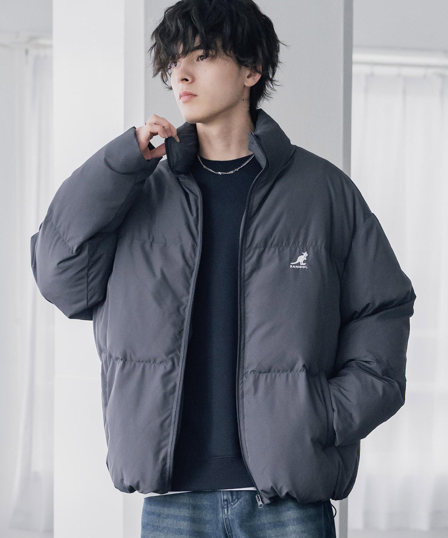 KANGOL カンゴール 別注コラボ オーバーサイズワンポイントロゴ刺繍スタンドネックファイバーダウン中綿ジャケット 15989